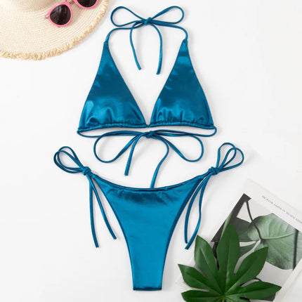 Halter Brazilian Metallic Satin Bikini Women Swimwear Female Swimsuit Two-pieces Bikini Set High Cut Bathing Suit Swim Beachwear