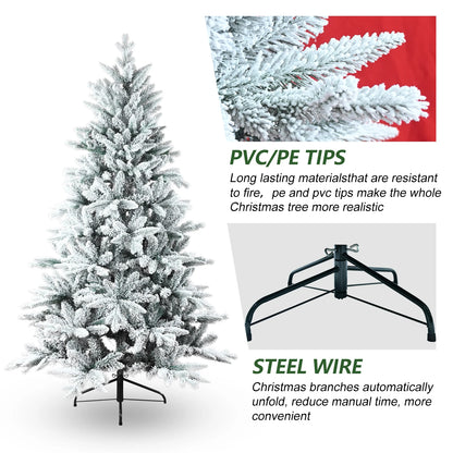 5FT/7FT Artificial Christmas Tree Holiday Decoration Flocked Xmas Tree with Sturdy Metal Stand Auto-Spread/Close up