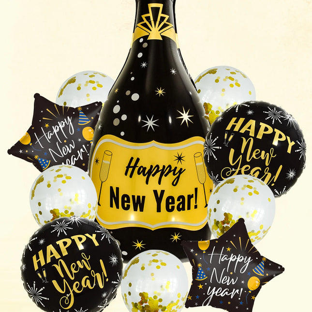 10pcs Happy New Year Champagne Bottle Balloon Set New Year Party Decorations Navidad 2024
