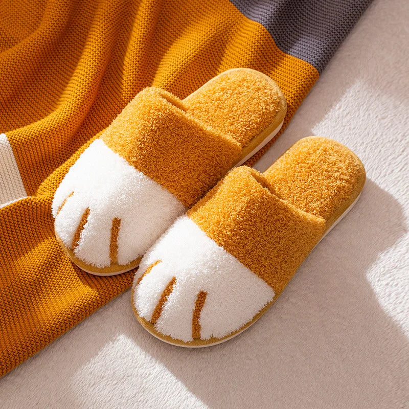 Shevalues Indoor Warm Plush Slippers For Women Men Cute Cat Paw Design House Fur Slippers Mute Flats Slides Indoor Fluffy Shoes