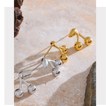 Yhpup 316L Stainless Steel Metal Chic Cherry Golden Stud Earrings Water Resistant Charm Fashion Jewelry 18K PVD Plated Wholesale