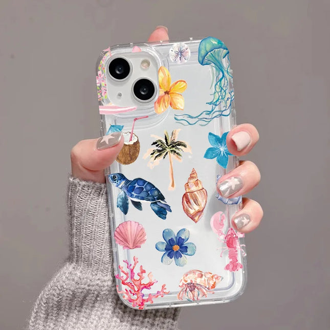 Transparent Turtle Lobster Coconut Print Case For iPhone 16E 16 15 14 13 12 11 Pro Max Mini Soft Covers