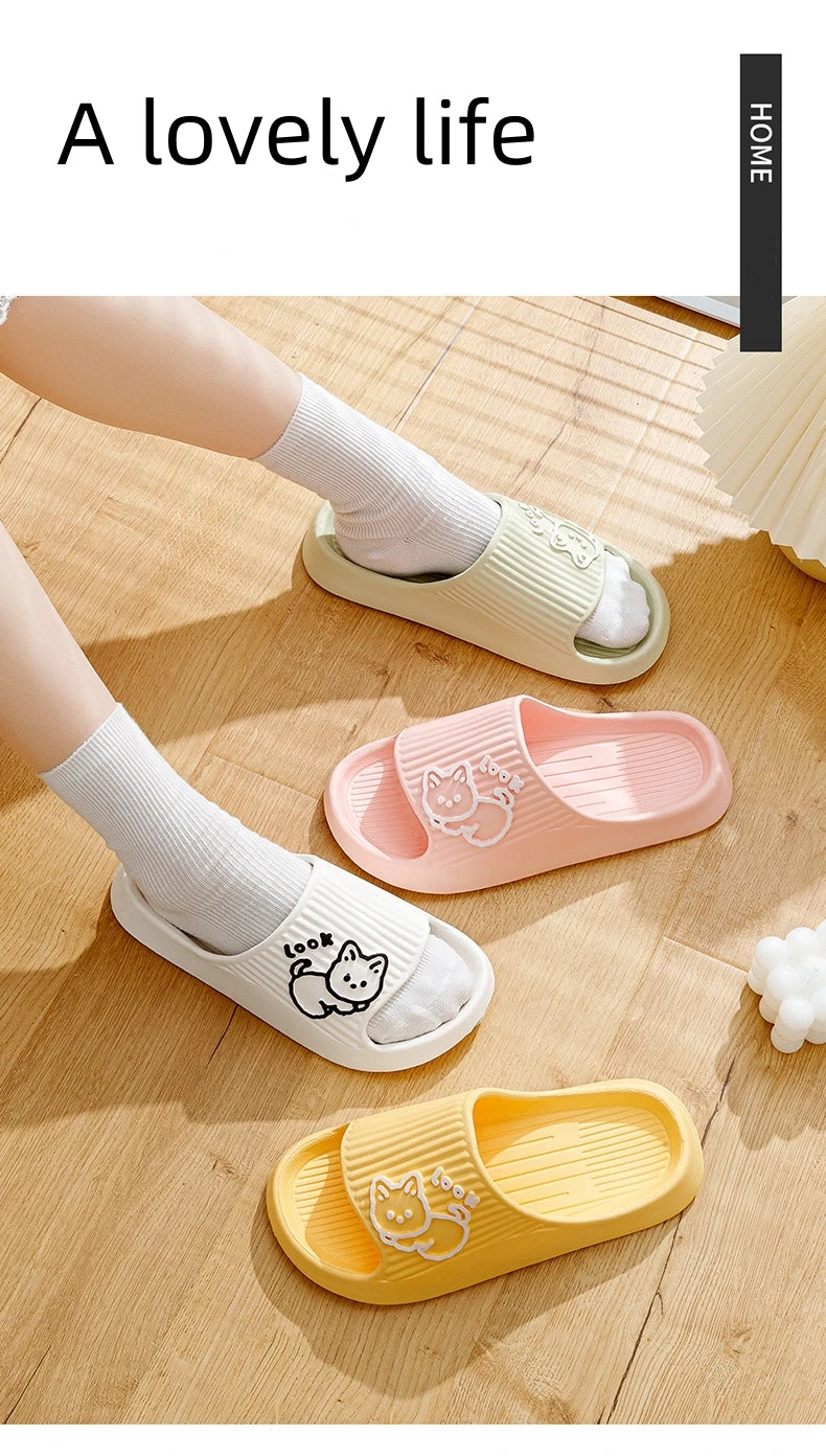 Summer Women's Slippers Fashion Indoor Soft Sole Durable And Wear-resistant Cute Cartoon Cat Bathroom Home Shoes Couple