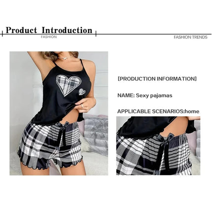 Women's new pajama suspender solid color top plaid shorts two-piece set of home wear
