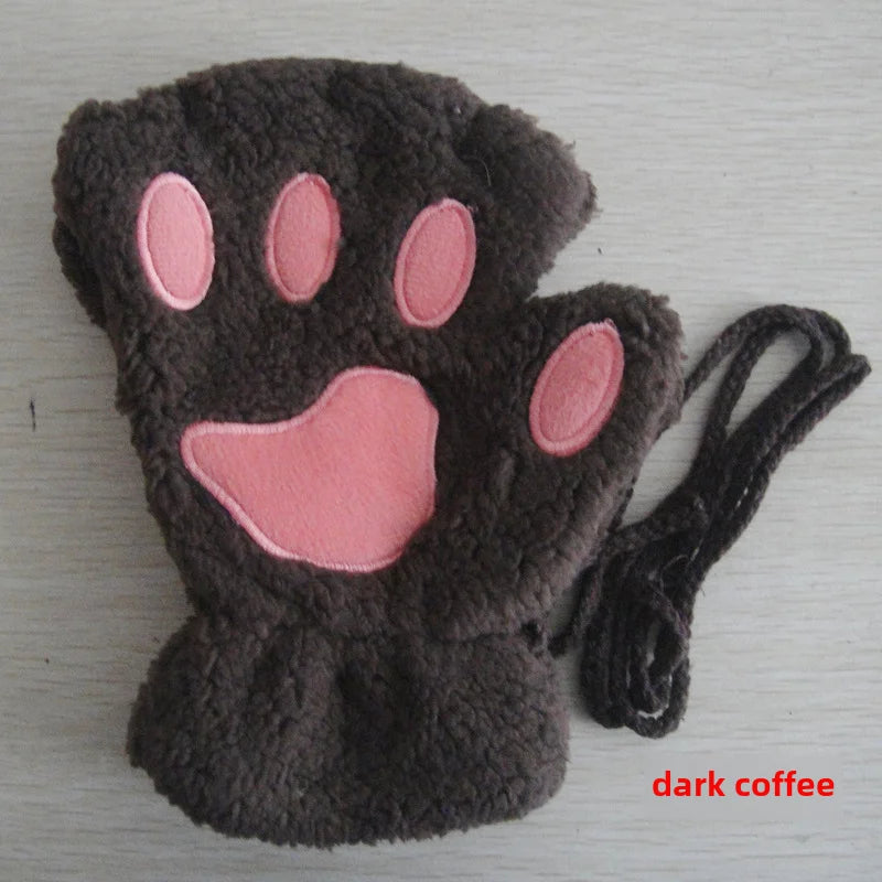 Cat Claw Gloves Winter Cute Cartoon Cat Girls Fingerless Gloves Thickened Velvet Bear Paw Half Finger Gloves