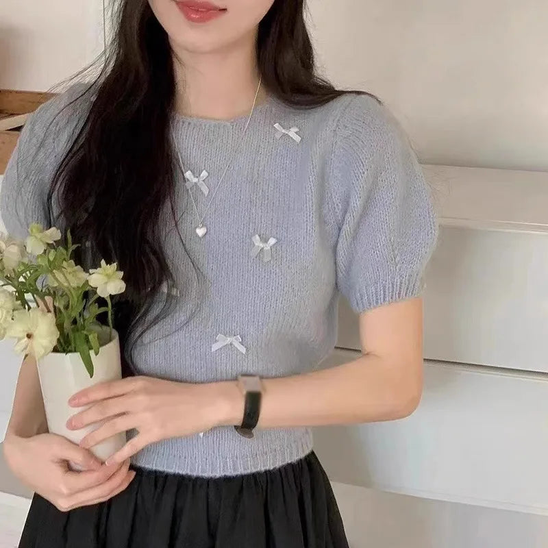 Korean Version Spring/Autumn Round Neck Bow Decoration Sweet and Fashionable Versatile Knitted Short Sleeve Pullover Top
