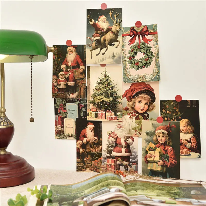 10Pcs Retro Christmas Cards Cartoon Postcards Message Greeting Card 4x6" Gift Wish Card Atmosphere Decorative Card With Stickers