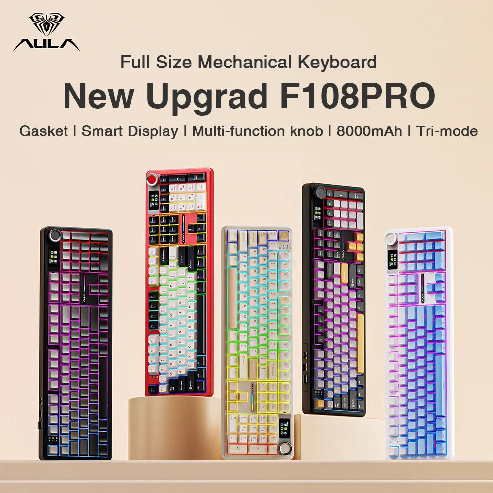 AULA F108 pro Wireless Bluetooth Keyboard Macro Gaming keyboard Gasket Hot-swap Full Size Keyboard with TFT Smart Display