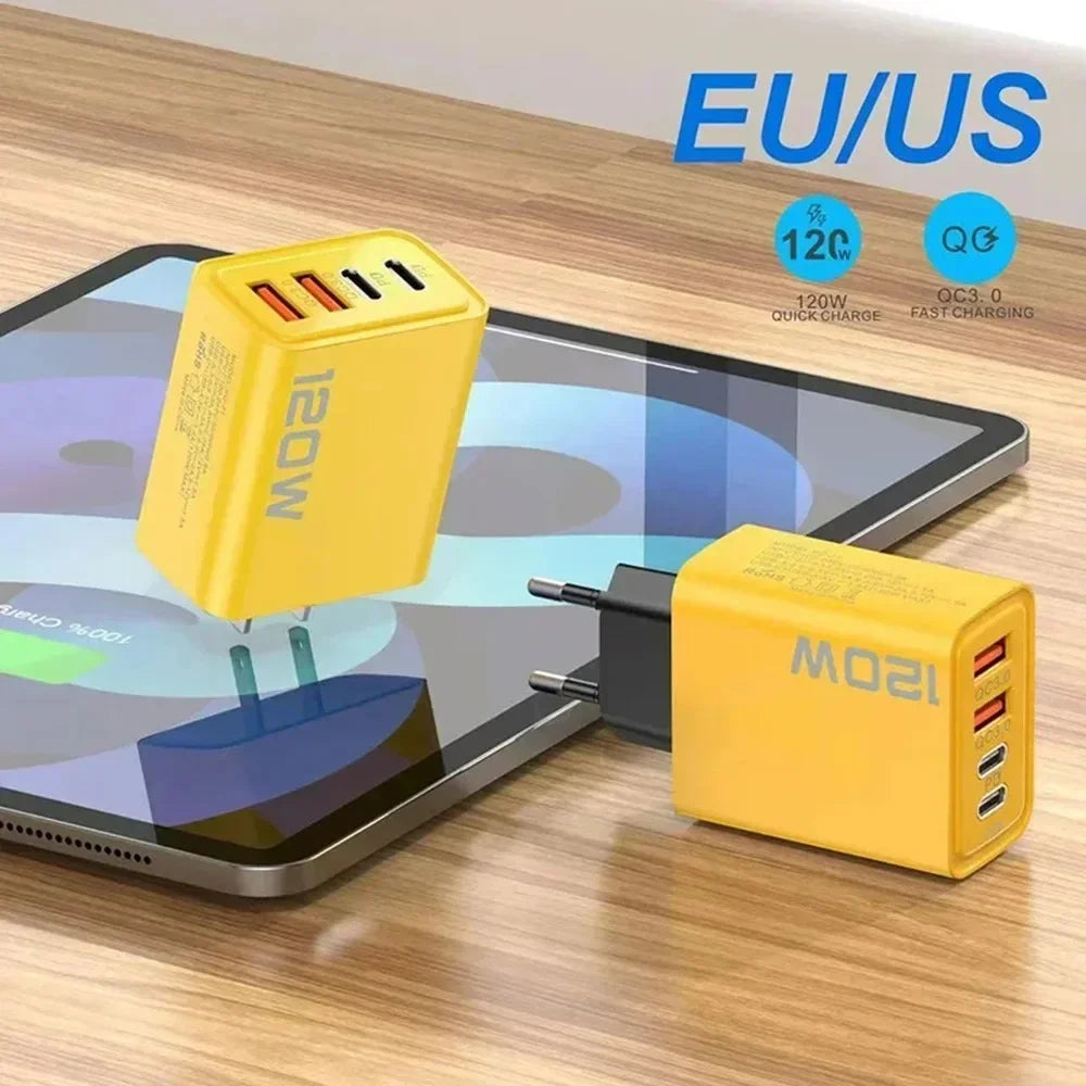 Quick Charge 3.0 Fast Charger Muti Total 120W 4 Port USB Type C PD Mobile Phone Wall Adapter for iPhone 16 Samsung S24 Xiaomi 15