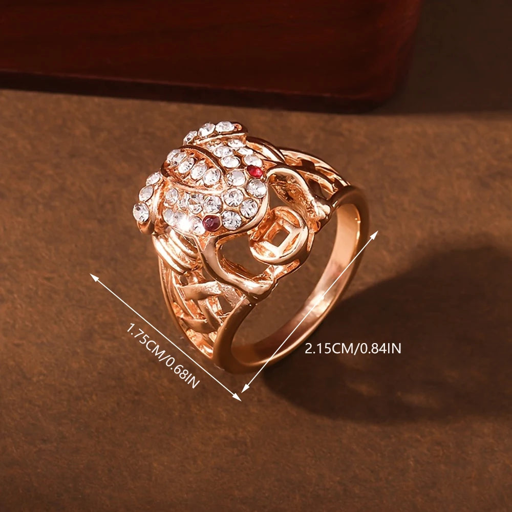 1pcs Golden Toad Ring for Wealth, Full Diamond for Good Luck, Fashion Finger Ring