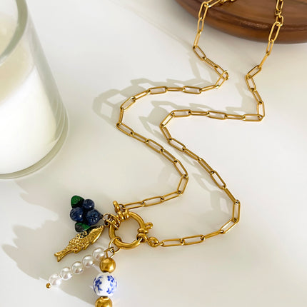 Peri'sbox Statement Trendy Imitation Pearl Grape Blueberry Shell Pendant Necklace for Women Stainless Steel Creative Accessories