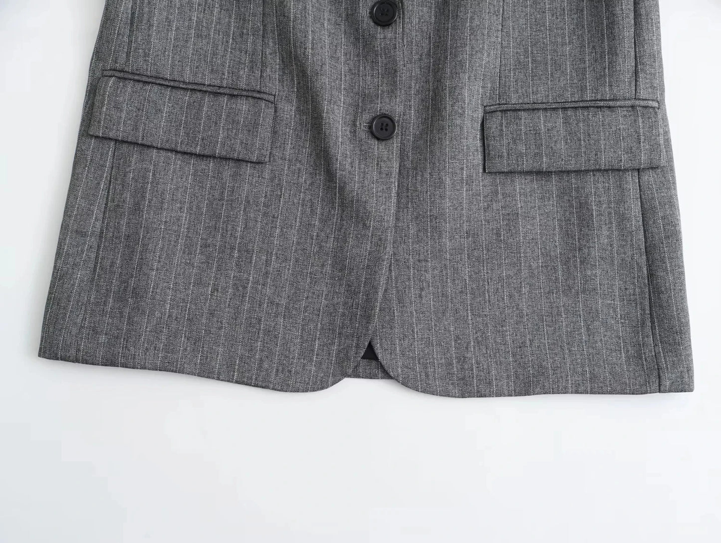 TRAF 2024 Spring Women Fashion Grey 2 Piece Sets Woman Pinstripes Pockets Slim Blazer Coat + Zipper Versatile Female Mini Skirts