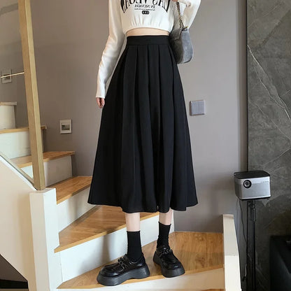 2022 Autumn/winter New Korean-style Medium-length Coffee-color Skirt Elegant Slimming Versatile Pressed A- line Skirt For Women
