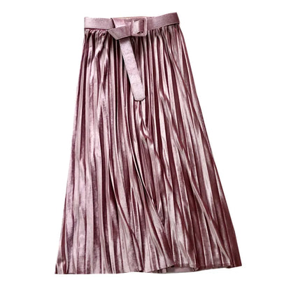 Seoulish Autumn Winter Women's Velvet Pleated Skirts with Belted New 2023 High Waist Solid Korean Style Chic Long Skirts Female