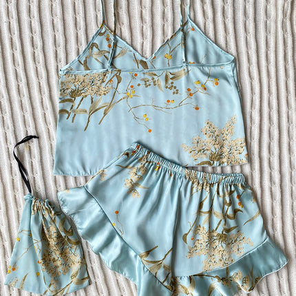 Elegant Floral Print Cami Tops   Ruffle Hem Shorts Pajama Set  Women's Sleepwear   Loungewear