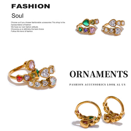 Yhpup Delicate Cubic Zirconia Heart Stainless Steel Gold Color Adjustable Fashion Open Ring High Quality Chic Charm Jewelry