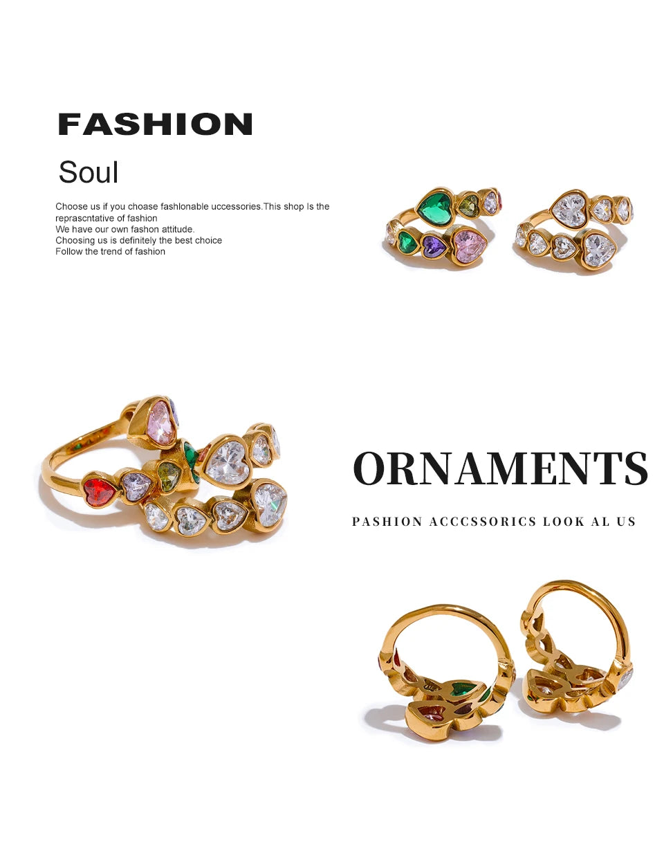 Yhpup Delicate Cubic Zirconia Heart Stainless Steel Gold Color Adjustable Fashion Open Ring High Quality Chic Charm Jewelry