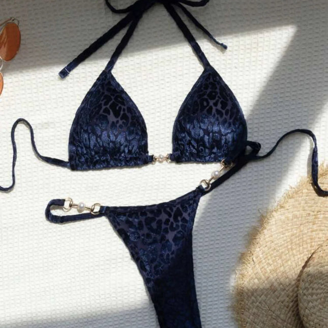 2024 Brazilian Summer Women Leopard Pearl Bathing Suit Beachwear Thong Two Pieces Set Special Fabric Halter Neck Swimwear Bikini