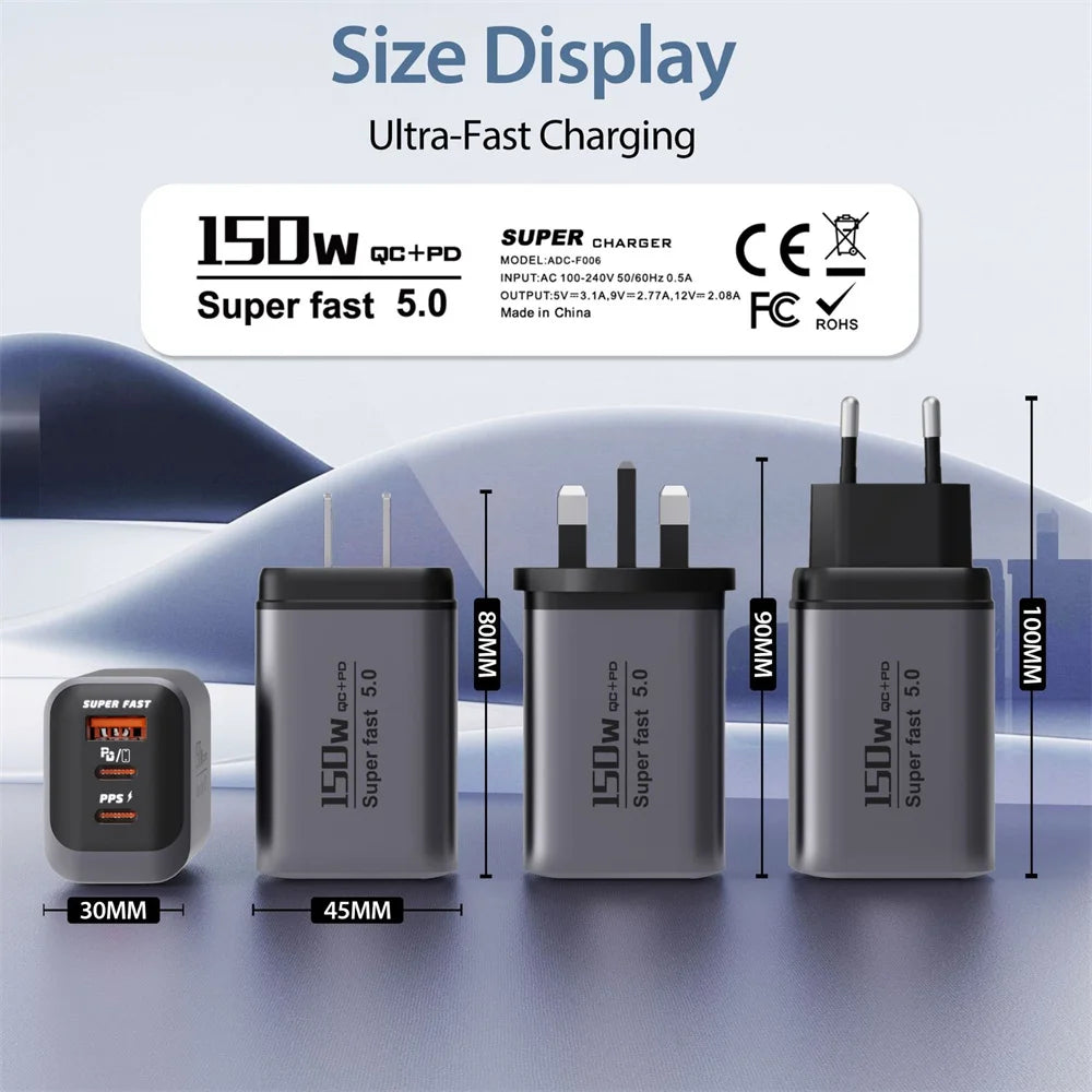 USB Type C 150W Charger USB QC3.0 Fast Charging Mobile Phone Charger Travel Adapter For iPhone 17 Samsung Xiaomi EU/UK/US Plug