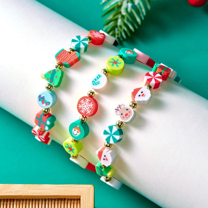 Christmas Colorful Polymer Clay Beaded Brcelets for Women Cute Cartoon Santa Claus Elk Snowflake Bracelet New Year Jewelry Gifts