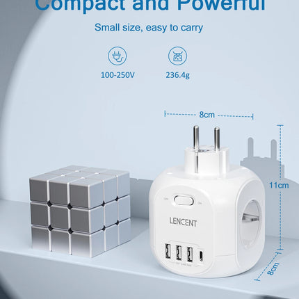 LENCENT EU Plug Wall Socket Extender with 4 AC Outlets+3 USB +1 Type C 5V/3A Charger Adapter 8-in-1 Socket On/Off Switch