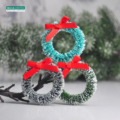 12pcs Christmas Wreath with Bow Xmas Tree Decor Mini Door Garland Hanging Ornaments DIY Dollhouse Pendant for Wedding Noel Party