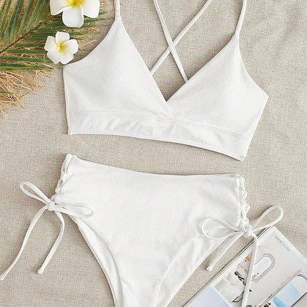 Cikini-V-Neck Split Bikini Set for Women, Sexy Swimsuit, Lace Up, Triangular Bikinis, Solid Color, Beach Swimwear, Bathing Suit