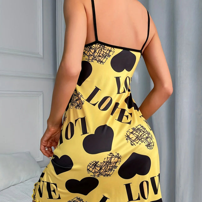 Women Summer Camisole Nightgown Backless Heart LOVE Print Soft Breathable Sleepwear Ruffle Hem Round Neck Night Dress