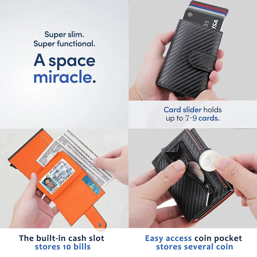 DIENQI Carbon Fiber Rfid Wallet Male Money Card Holder Pocket Mini Wallet Women Men Smart Purses Automatic Pop Up Valet Walet