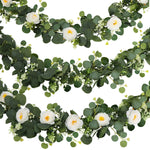Lush 70.8" Faux Eucalyptus Garland With White Flowers - Perfect For Home & Holiday Decor, Wall Hanging, Yard, And Party Accents