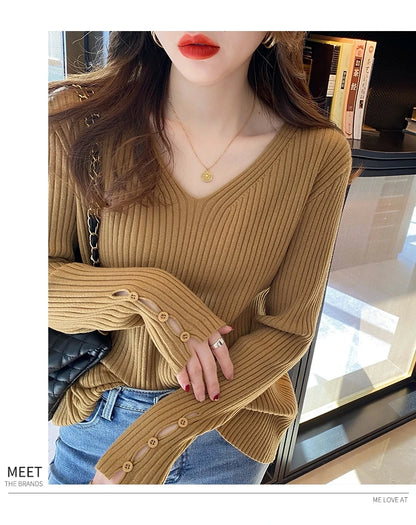 Autumn Winter Women Sweaters Long Sleeve Knitted V Neck Button Pullover Sweater Femme Basic Solid Jersey Tops Fashion Clothes