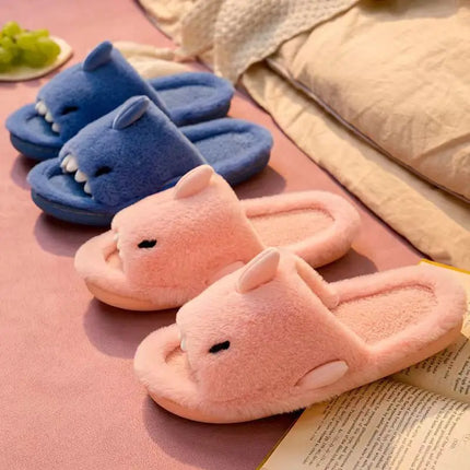 Comwarm Autumn And Winter Cartoon Shark Wool Slippers For Women Soft Home Men's Indoor Household Open Toe Plush Cotton Slippers