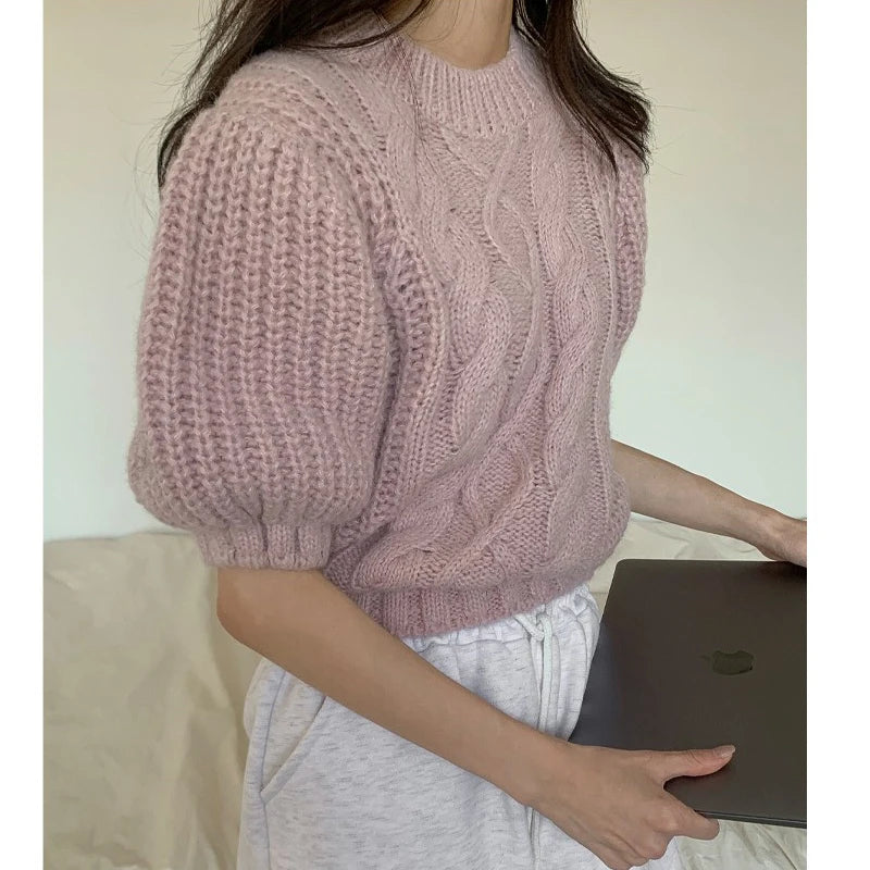 summer autumn Women's Knitted Pullover Fashion puff Sleeve solid Sweater crop Top Elegant loose Lapel Knitted Pullover gray Tops