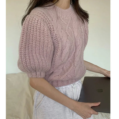summer autumn Women's Knitted Pullover Fashion puff Sleeve solid Sweater crop Top Elegant loose Lapel Knitted Pullover gray Tops