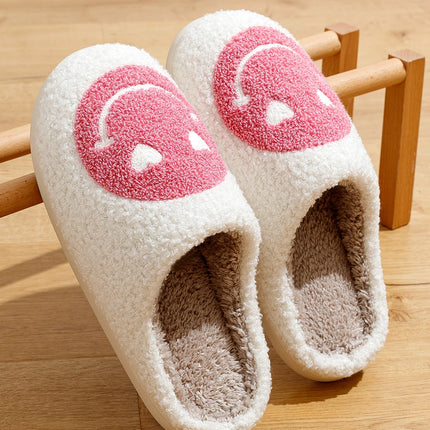 Women Home Winter Slippers Smile Face Heart Eye Style Fluffy House Cute Print Gift Fleece Flat Ladies Indoor HouseShoes