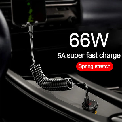 USB Type C 66W Car 5A Fast Charging Type C to Type C Spring Telescopic Cable For iPhone 15 Samsung Huawei Xiaomi Redmi OnePlus