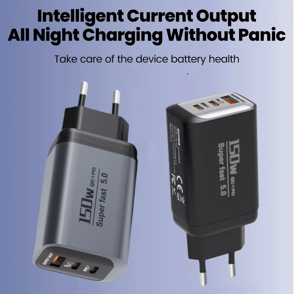 USB Type C 150W Charger USB QC3.0 Fast Charging Mobile Phone Charger Travel Adapter For iPhone 17 Samsung Xiaomi EU/UK/US Plug