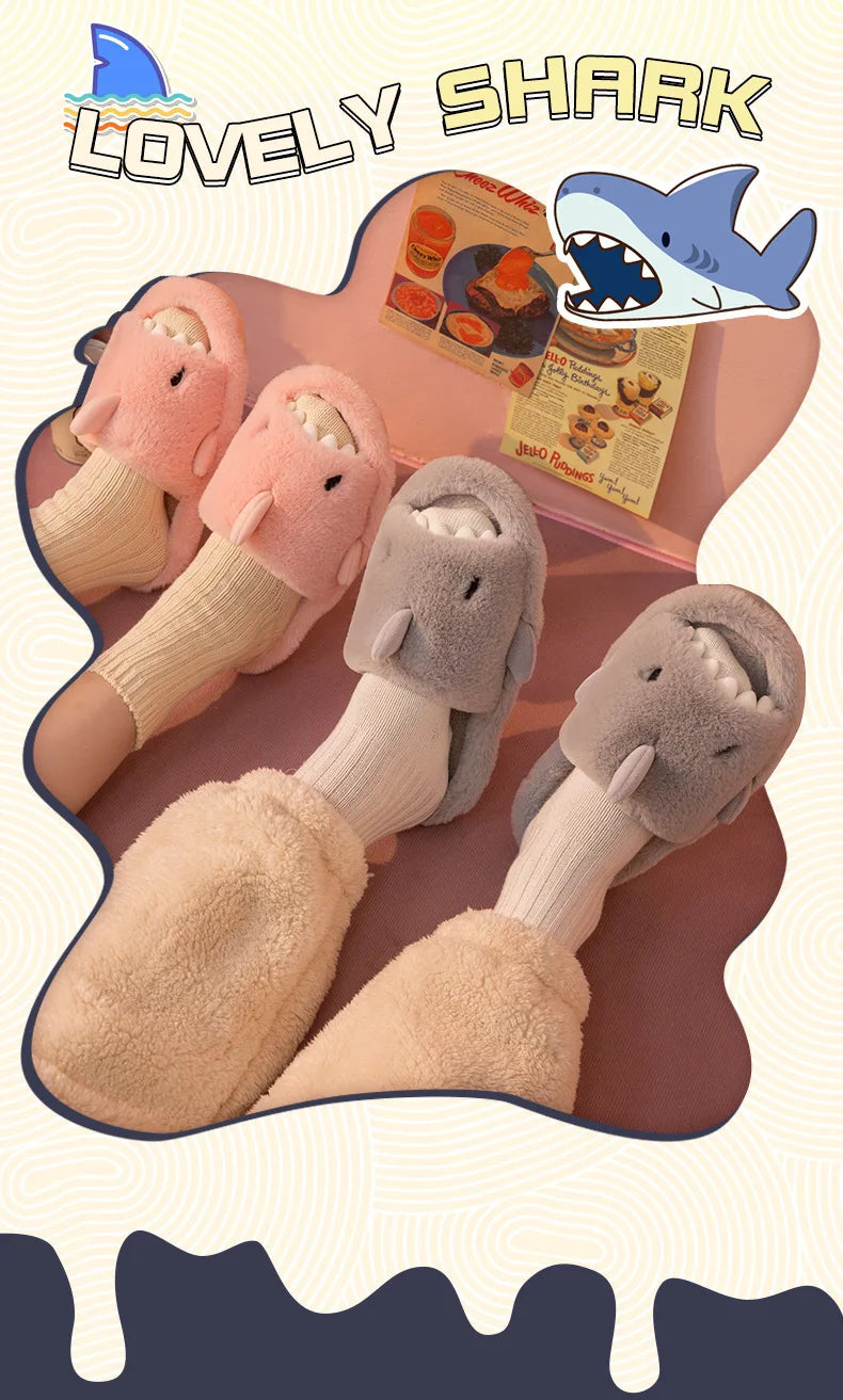 Comwarm Autumn And Winter Cartoon Shark Wool Slippers For Women Soft Home Men's Indoor Household Open Toe Plush Cotton Slippers