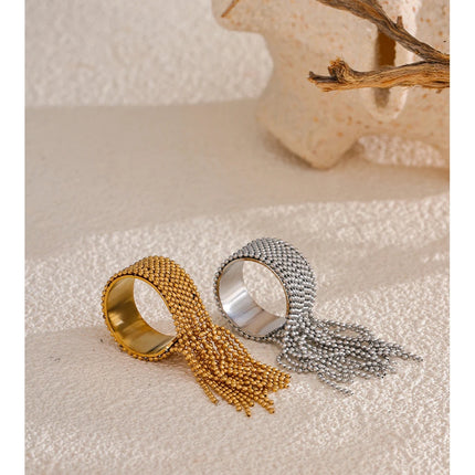 Yhpup Statement Stainless Steel Chain Tassel Finger Ring Adjustable 18K PVD Plated High Quality Charm Stylish Golden Jewelry