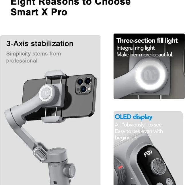 Handheld Gimbal Stabilizer 3-Axis Smart X Pro Professional for Smartphone Wireless Charging OLED Display LED Light Focus Wheel