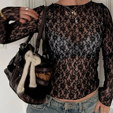 Mooyufon Long Sleeves See Through Lace Crop Top Solid Sexy Bodycon T-Shirt For Women Party Club Autumn Winter Clothes