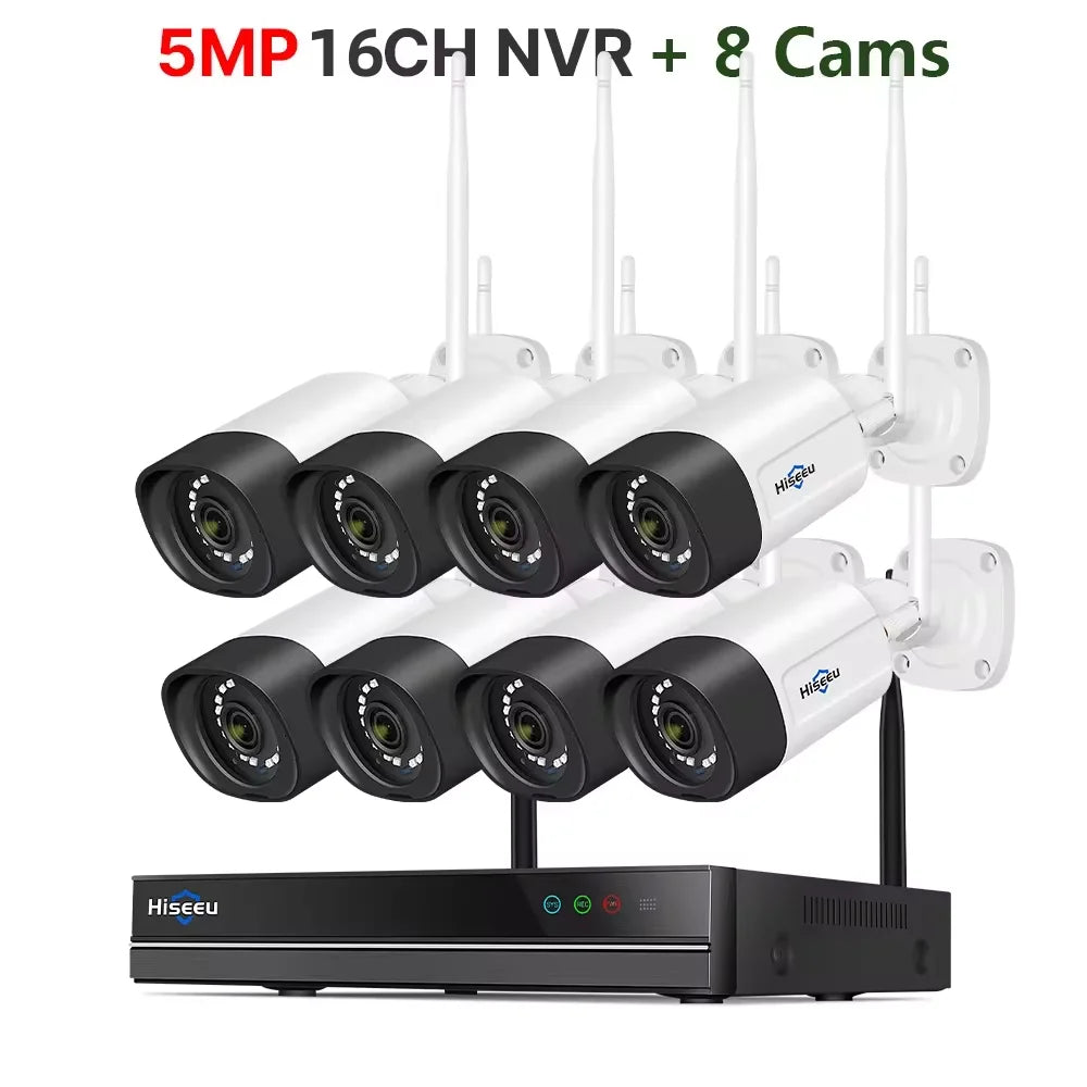 Hiseeu H.265 16CH NVR 5MP Wifi Surveillance Camera System Color Night Human Motion 2 Way Audio WiFi Outdoor Security Cameras Set