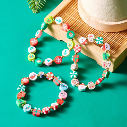 Christmas Colorful Polymer Clay Beaded Brcelets for Women Cute Cartoon Santa Claus Elk Snowflake Bracelet New Year Jewelry Gifts