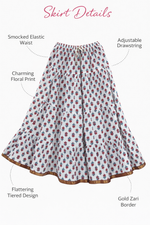 Blackfever White Floral Printed Tiered Cotton Maxi Skirt – Boho Free Size with Gold Border – Free Size