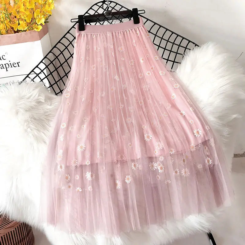 Skirts Women Tender Sweet Korean Style Printed Lady Mesh Ins Classy All-match College Elegant Popular Lovely Girls Stylish Charm