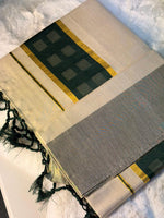 Elegant Olive Green Checked Kerala Kasavu Saree with Tassels