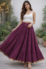 Blackfever Elegant deep plum purple base Printed Tiered Skirt – Free Size
