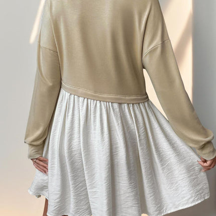 Perfee Contrast Round Neck Long Sleeve Mini Dress