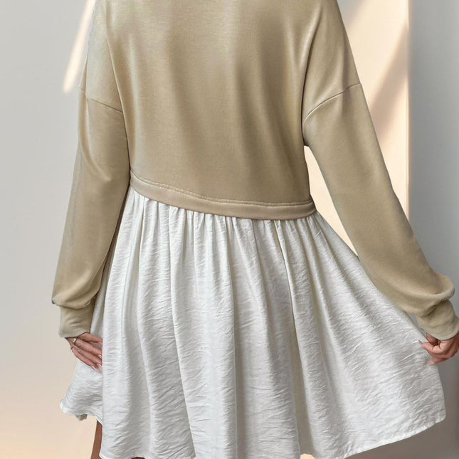 Perfee Contrast Round Neck Long Sleeve Mini Dress