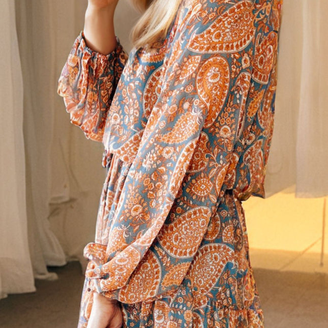 Ruffle Hem Printed Long Sleeve Dress